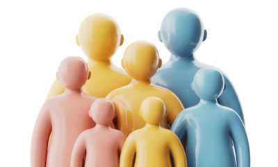 Conceptual 3D illustration of a diverse family group standing together in unity