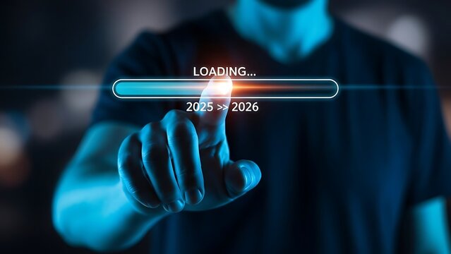 Person touching loading bar transitioning from 2025 to 2026 future progress - Powered by Adobe