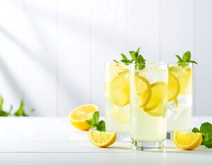 Fototapeta premium Refreshing glasses of lemonade with mint and ice on white table