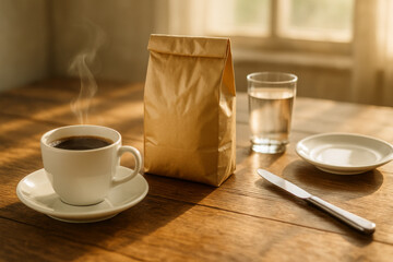 Steaming cup of black coffee next to blank brown paper packaging bag on sunny wooden table.