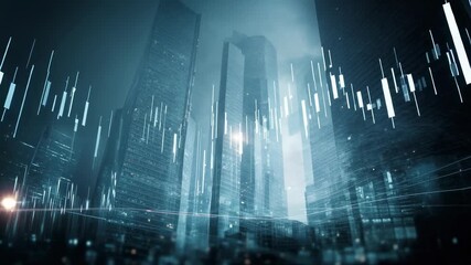 Abstract cityscape of glowing bars and skyscrapers in blue fog visualizes financial data analytics digital economy and futuristic business technology - Powered by Adobe
