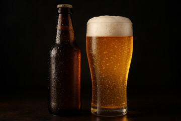 Cold glass of golden beer with thick foam head standing next to brown bottle with condensation.