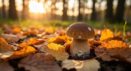 Autumnal mushroom amidst fallen leaves, bathed in golden sunlight