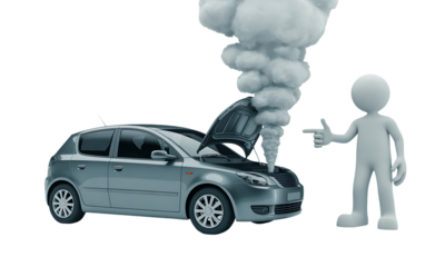 Vehicle Breakdown: 3D Character Points at Smoking Car Engine, Isolated on Black