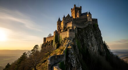 Obraz premium Majestic Medieval Castle Perched on a Rocky Mountain at Sunset.