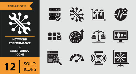 12 network performance and monitoring icons solid icon set isolated on white background