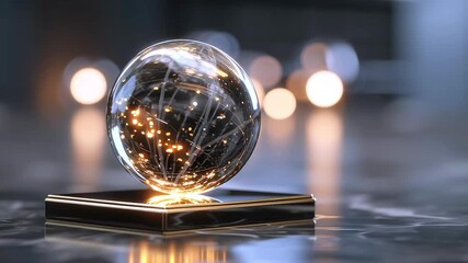 Golden lit glass sphere slowly rotating, containing swirling metallic particles, producing hypnotic luminescent visual against softened background lighting, lit glass - Powered by Adobe