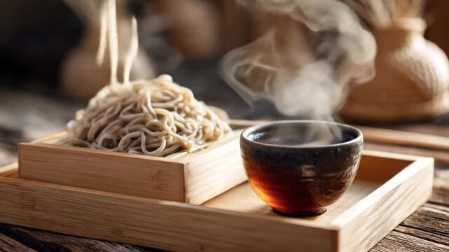 A hand delicately picks up steaming soba noodles with chopsticks, accompanied by a warm cup of tea, set against a rustic wooden background adorned with traditional woven decor