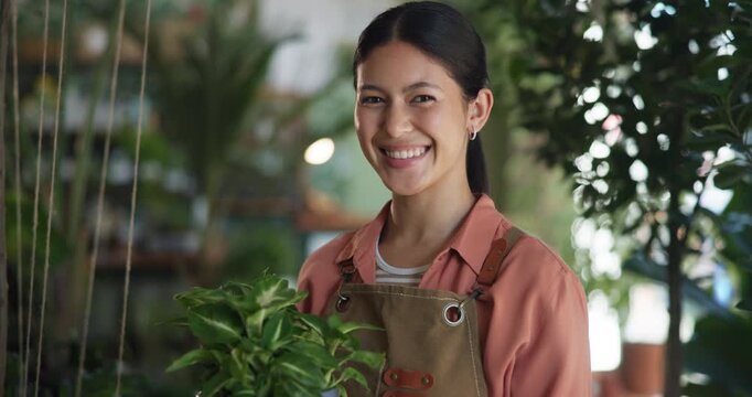 Face, happy or woman in nursery with plant, about us or owner of botanical store. Smile, bokeh or entrepreneur in organic shop with confidence, florist experience or career in sustainable business