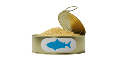 Illustration of an open food can displaying a fish icon, filled with granular contents
