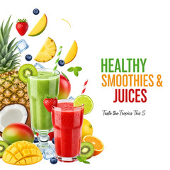 Vibrant healthy smoothies and fresh juices bursting with tropical fruit goodness