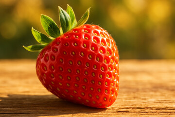 Fresh ripe red strawberry with green leaves sitting on wooden surface in warm summer sunlight.