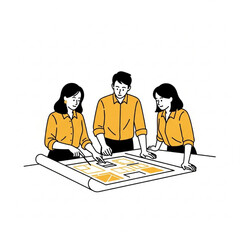 Vector Line Illustration of Coworkers Collaborating on Design Layout with Soft Color Accents