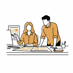 Vector Line Illustration of Coworkers Collaborating on Design Layout with Soft Color Accents