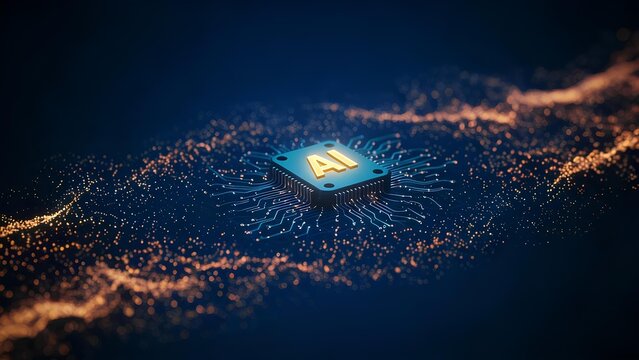 A close up of an ai chip on a circuit board with glowing orange particles on a dark blue background, advanced artificial intelligence processor and futuristic digital technology concept