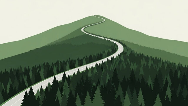 Winding Road to the Summit: An inspiring illustration depicts a winding road, promising an uphill journey towards a distant hilltop, amid a sea of verdant trees.