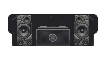 A sleek, modern home theater system with two speakers and a subwoofer on a plain white background, showcasing a minimalist setup for Happy New Year 2026 celebrations.