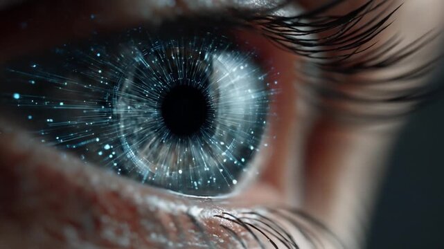Close-up of a human eye showcasing intricate details, with a digital overlay representing technology and connectivity, set against a dark background emphasizing the eye's features