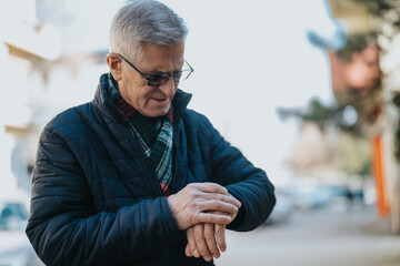 An older man wearing a padded navy jacket and scarf checks his wristwatch as he walks along a...