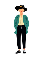 fashionable female posing full length on plain white backdrop artwork