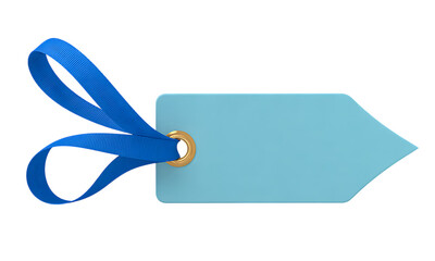 Isolated light blue arrow tag with vibrant blue ribbon and golden eyelet, 3D render graphic