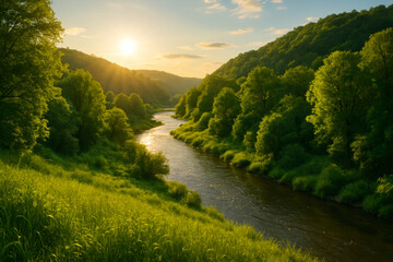 Scenic landscape of winding river flowing through lush green valley forest at golden sunset.