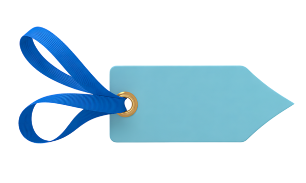 Isolated light blue arrow tag with vibrant blue ribbon and golden eyelet, 3D render graphic - Powered by Adobe