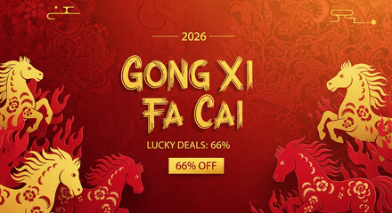 Festive red and gold horse graphic, representing the 2026 Lunar New Year with traditional greeting. Signifies celebration, luck, and prosperous future