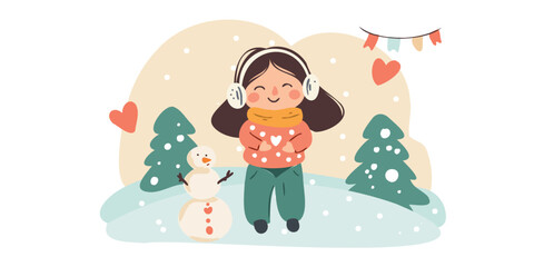 joyful little girl enjoying snowy weather artwork