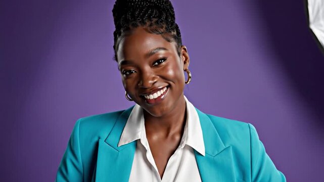 Smiling professional woman: A portrait of a sophisticated and confident professional woman, exuding charisma and approachability, illuminated by studio lighting.