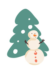 fir tree in snow with snowman illustration