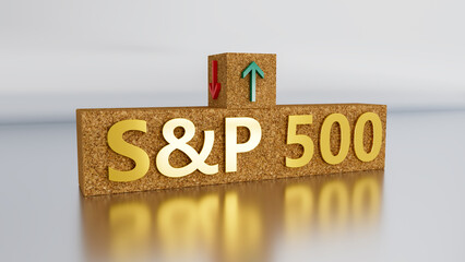 S and P 500 index symbol. Wooden blocks displaying S and P 500 and directional arrows indicating market trends with green and red symbols. On a table with a white background. 3d rendering