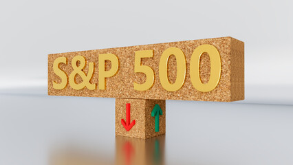 S and P 500 index symbol. Wooden blocks displaying S and P 500 and directional arrows indicating market trends with green and red symbols. On a table with a white background. 3d rendering