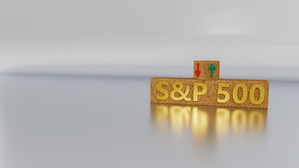 S and P 500 index symbol. Wooden blocks displaying S and P 500 and directional arrows indicating market trends with green and red symbols. On a table with a white background. 3d rendering