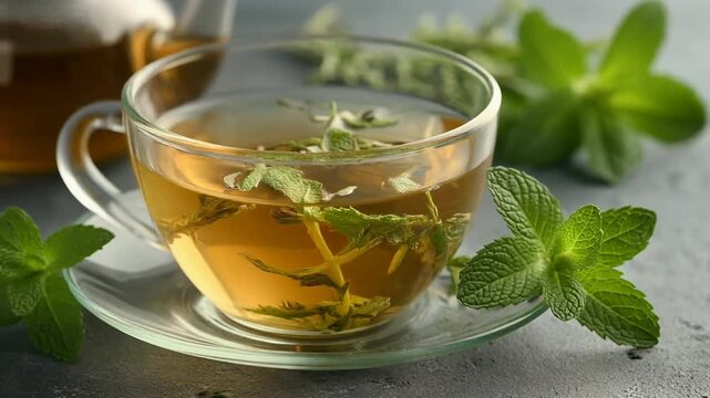 A soothing cup of herbal mint tea with fresh mint leaves.