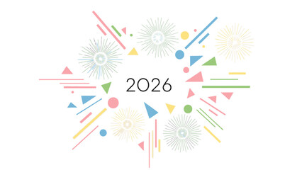 Colorful graphic design celebrating Happy New Year 2026 with geometric shapes and fireworks on a white background.