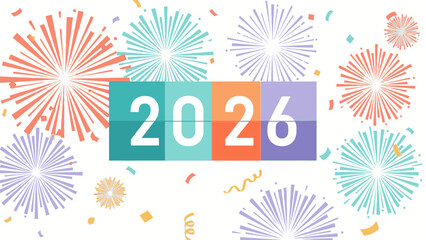 Colorful fireworks and confetti celebrate Happy New Year 2026 against a white background with a joyful mood.