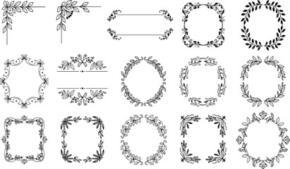 Obraz premium Collection of Hand-Drawn Black Outline Floral Frames, Wreaths, and Corner Borders, Perfect for Wedding Invitations, Elegant Stationery, Minimalist Logos, and Vintage Botanical Design Elements.