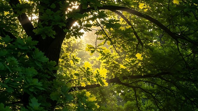 sun shining through trees,Morning Light Through the Ancient Oak Canopy