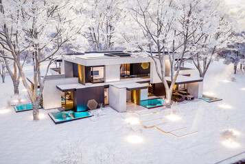 3d rendering of two-story house with parking and pool for sale or rent with concrete facade and beautiful landscaping on background. Cool winter day with shiny white snow