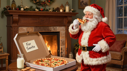 Santa Claus enjoying a slice of pizza by the fireplace with milk and cookies