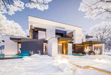 3d rendering of two-story house with parking and pool for sale or rent with concrete facade and beautiful landscaping on background. Cool winter day with shiny white snow