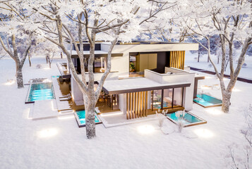 3d rendering of two-story house with parking and pool for sale or rent with concrete facade and beautiful landscaping on background. Cool winter day with shiny white snow
