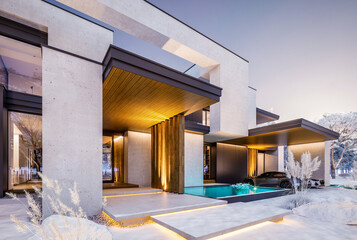 3d rendering of two-story house with parking and pool for sale or rent with concrete facade and beautiful landscaping on background. Cool winter day with shiny white snow