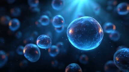 Naklejka premium Glowing blue spheres floating against a dark, cosmic background, illustrating a concept of cells or bubbles