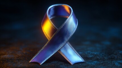 A detailed studio shot of a shimmering purple awareness ribbon, illuminated dramatically against a dark backdrop. The ribbon signifies support and raising awareness for causes. 