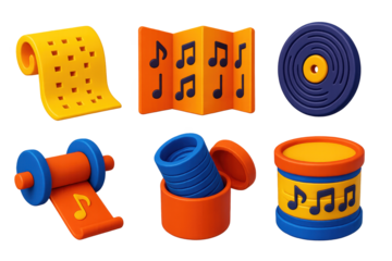 Vintage Music Icons. 3D icon set of music rolls and playback media: paper roll with music holes, folded organ book, wax cylinder