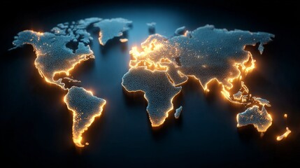 A digitally rendered world map with glowing lights highlighting continents