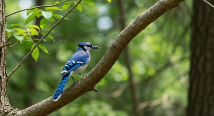 Blue jay perched on a tree branch in a forest