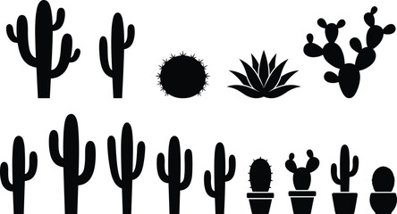 Cactus silhouette collection, succulent plant icons, black botanical shapes, desert flora vector, prickly pear, rosette succulent, potted cactus illustrationCactus silhouette collection © Hello World
